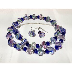 Handmade Multi-Color & Blue Glass Bead Necklace And Earring Set With Silver Acce